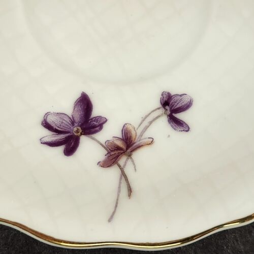 White Pedestal Demitasse Teacup and Saucer Purple Violets and Gold Trim Vintage