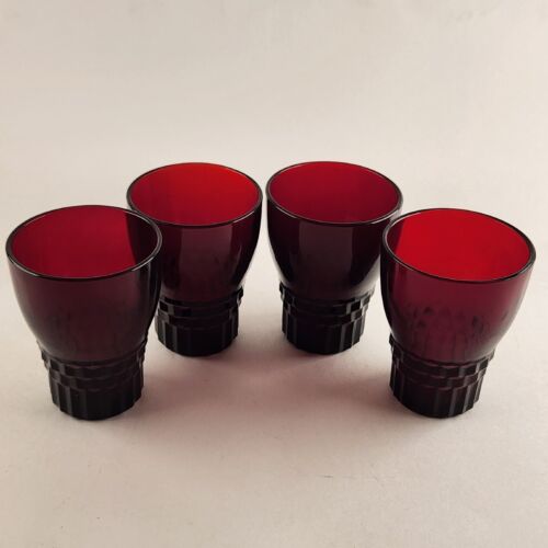 4 Anchor Hocking Ruby Red Glass Glasses Juice Tumbler Windsor Pattern Vintage