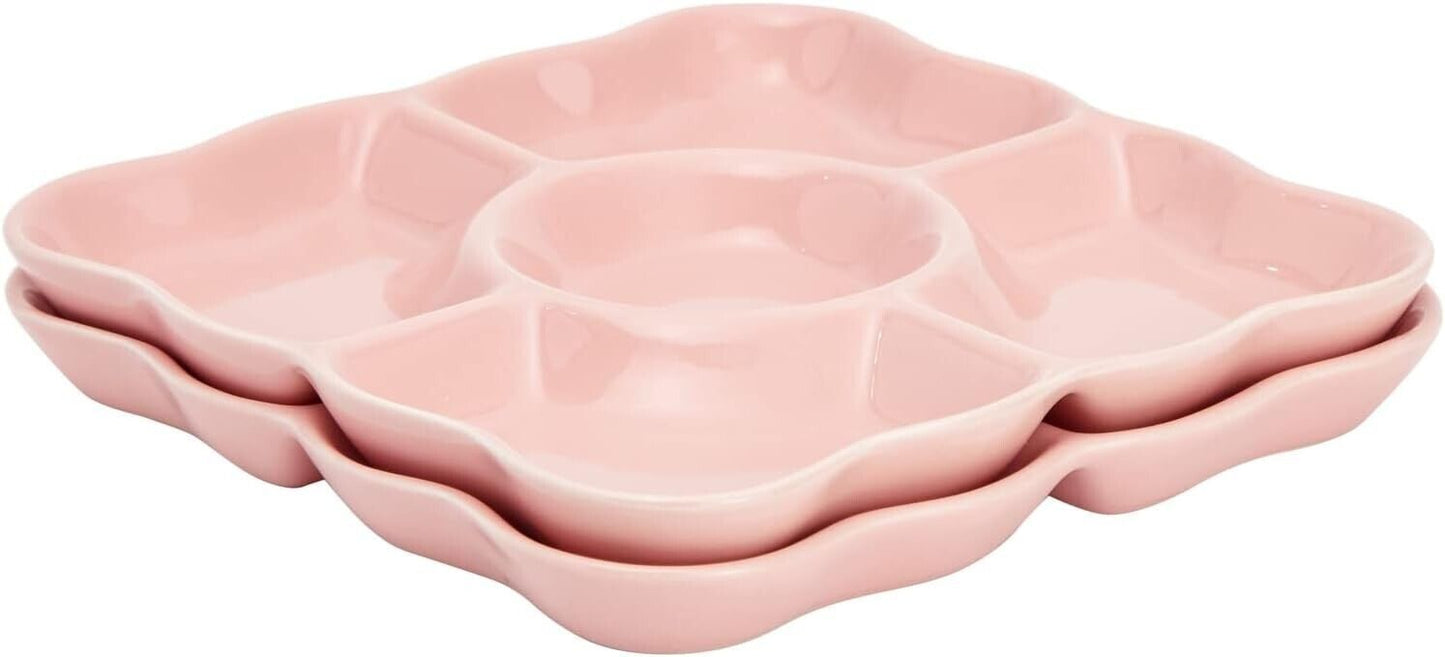 2 Pk Porcelain Pink Divided Serving Tray Appetizers 5 Compartments NEW 9.5"