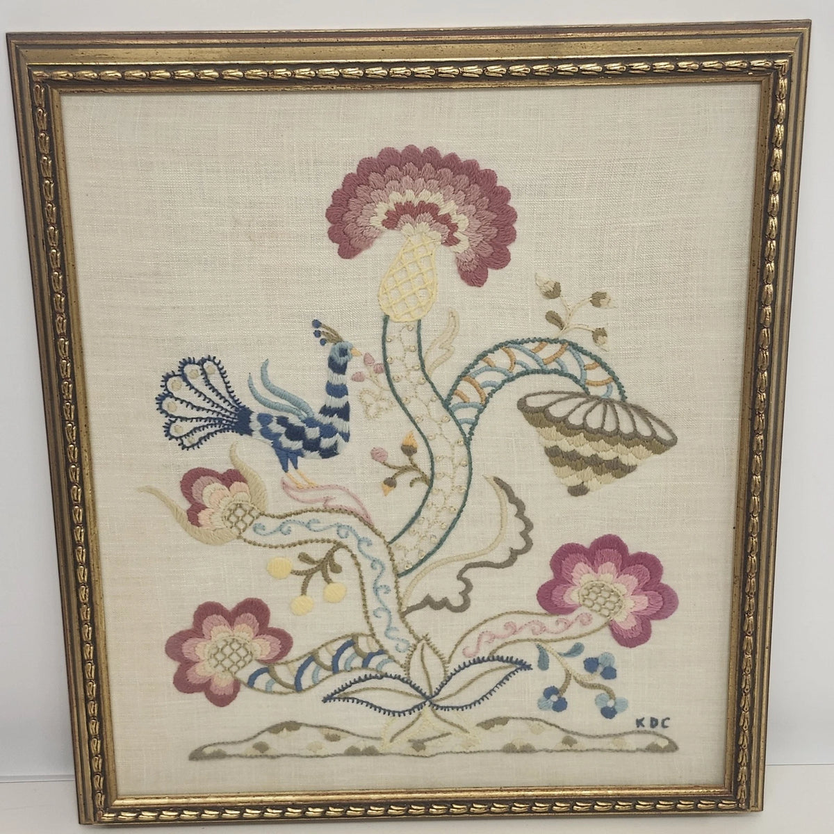 Framed Crewel Embroidery Tree of Life Peacock Floral Folk Art Signed KDC Vintage