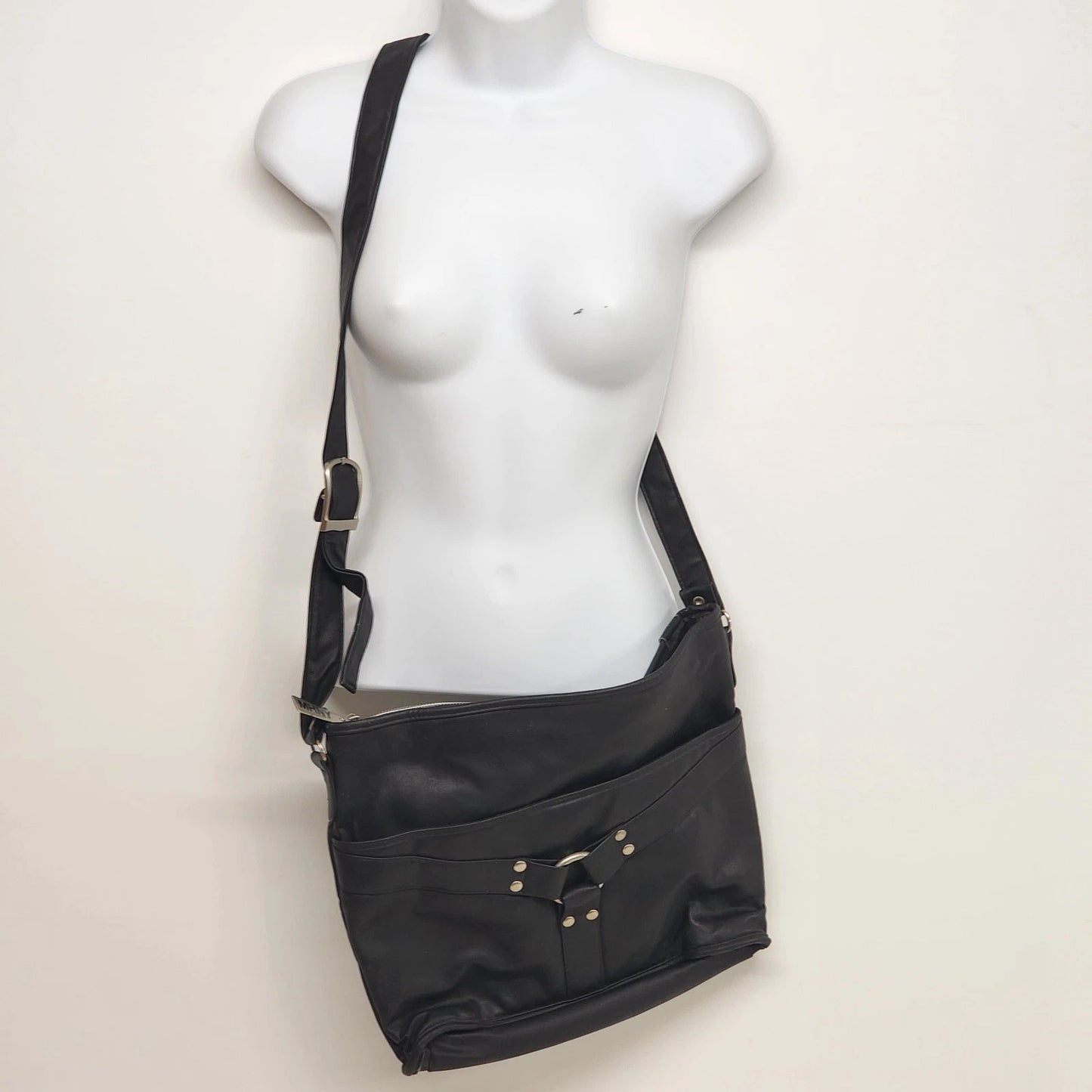 MHNY Black Leather Crossbody Satchel Three Compartment Purse