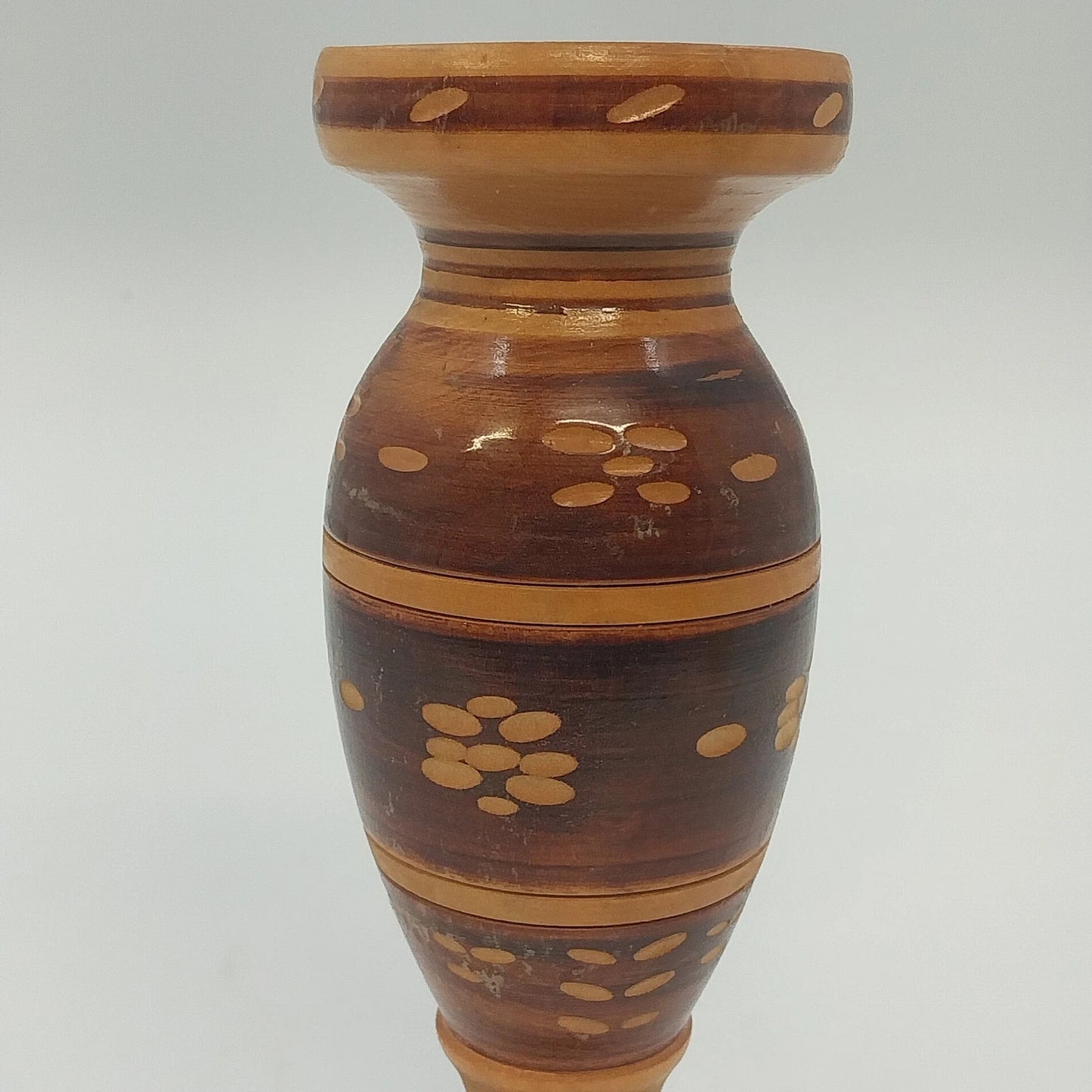 Hand Crafted Wooden Bud Vase Brown Carved Detailed Inlay Folk Art 6.9" Vintage