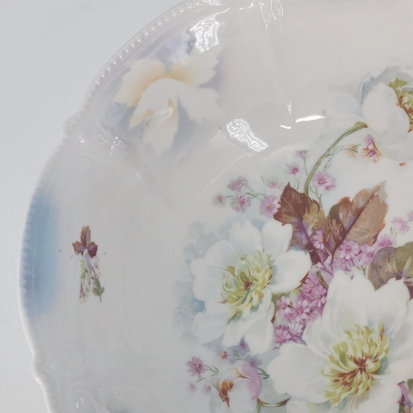 German Transferware Serving Bowl Roses Floral Scalloped Beaded Rim 10.5" Antique