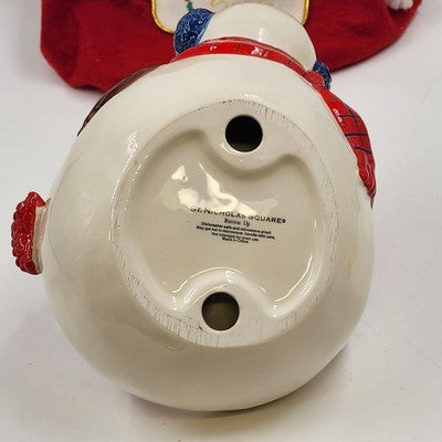 St. Nicholas Square Snowman Basket Candy Dish Button Up with Stocking China 7"