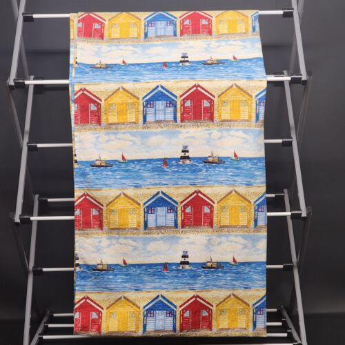 Blue Red and Yellow Linen Tablecloth Coastal Seaside Scene Ocean Beach Themed