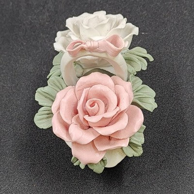 Capodimonte Style White Basket 2.75" w Pink Roses Flower & Bow Porcelain China