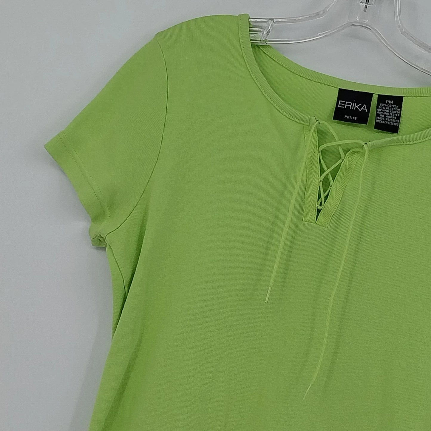Erika Petite PM Lime Green Rib Knit Top Lace Up Neck Short Sleeve Shirt