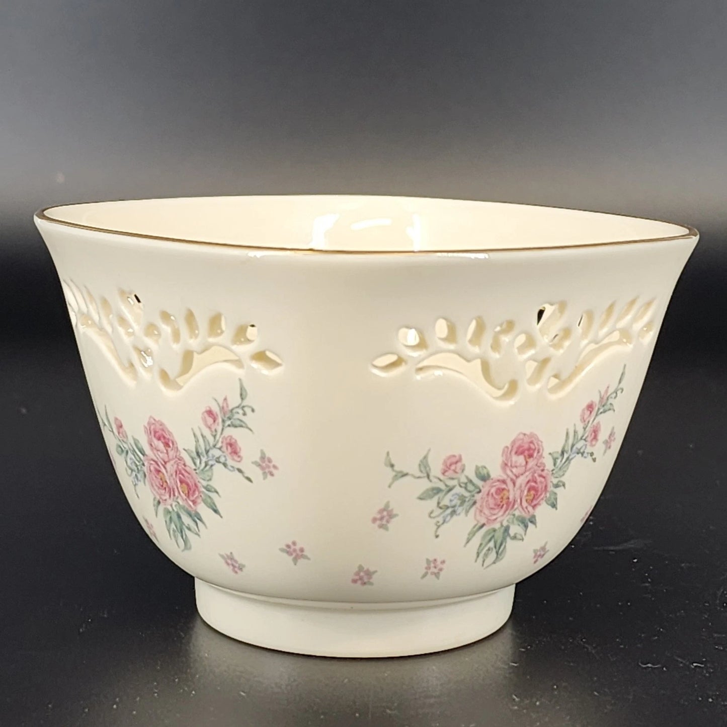 Lenox Petite Rose Trinket Bowl Cream Porcelain Lace Cut Out 24K Gold Trim 4.25"