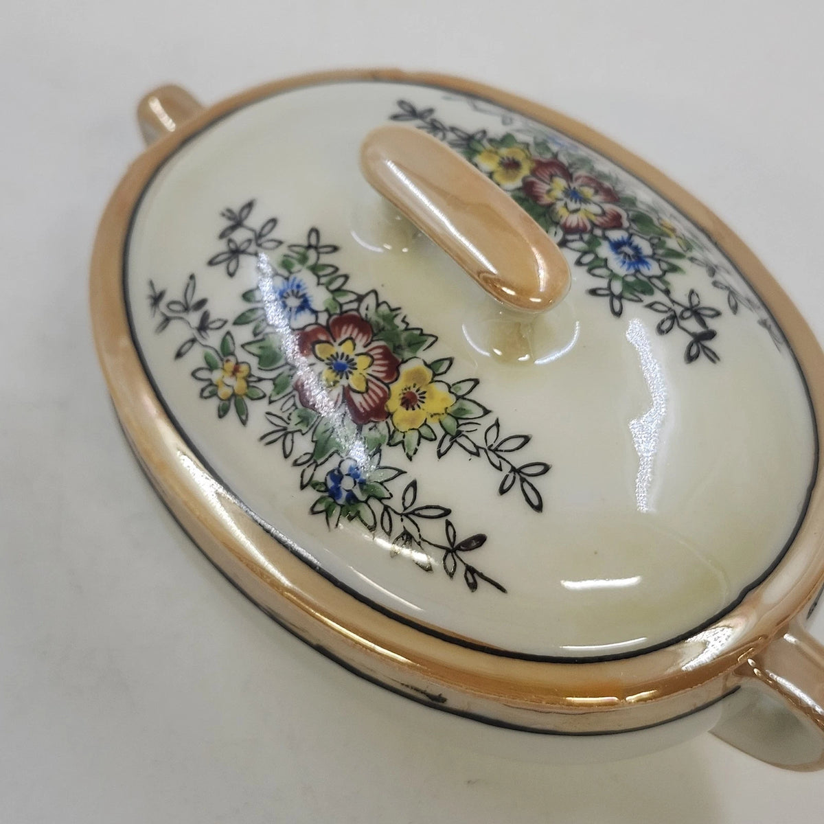 Japan Porcelain Covered Vegetable Bowl Hand Painted Floral Orange Luster 5.25"