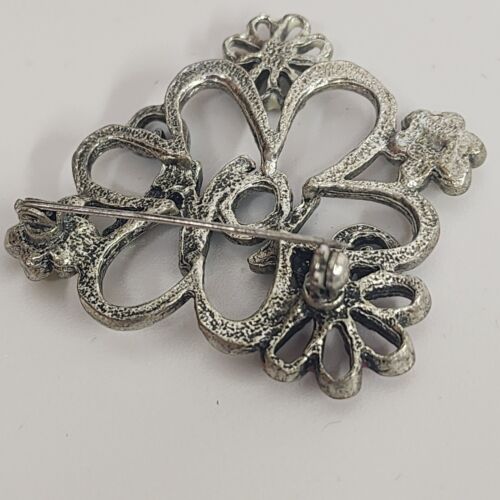 Silver Tone MOM Brooch Multicolor Enamel Flowers with Rhinestones 1.5" x 1.5"