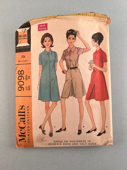 McCalls 9098 Vintage Sewing Pattern '67 Womens Half Size Dress or Pant-Dress 16½