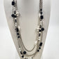 Silver Tone Chains w Black White & Silver Tone Beads Three Strand Necklace 17"