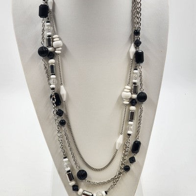 Silver Tone Chains w Black White & Silver Tone Beads Three Strand Necklace 17"