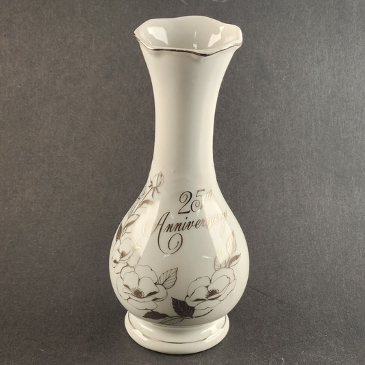 25th Anniversary Bud Vase Fine China 6½ Inch Tall White and Silver Lining