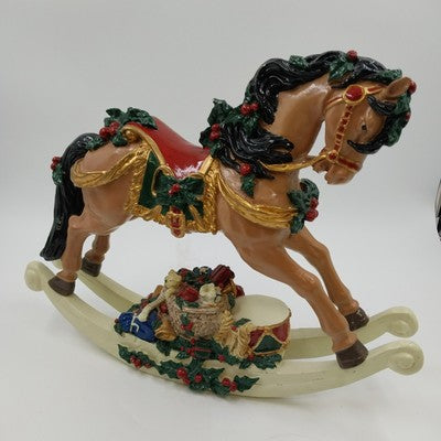 Christmas Holiday Decoration Musical Rocking Horse Basket of Toys Polyresin 12"