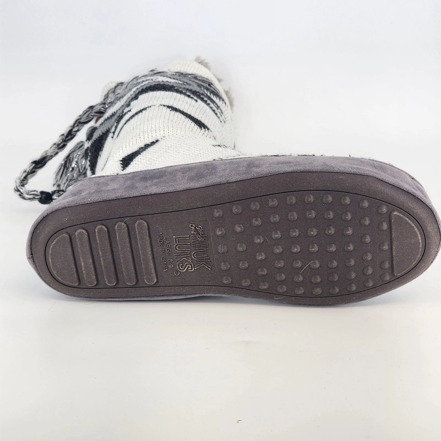 Muk Luks Women Slipper Boots Size 8-9 Knit Fair Isle Pattern Faux Fur Lined Grey