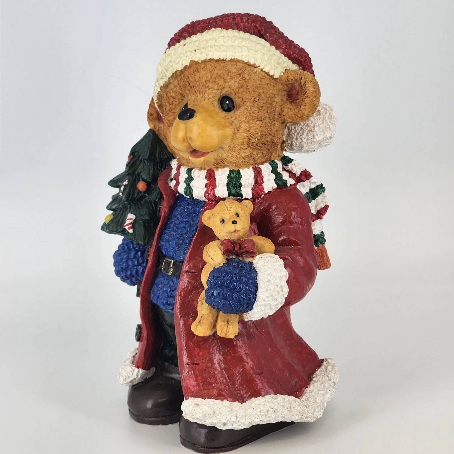 Resin Christmas Teddy Bear Figurine Red Coat Puppy & Tree 11" Holiday Ornament