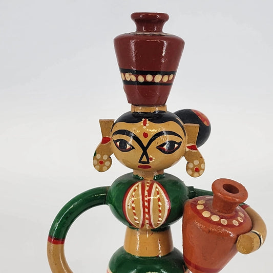 Channapatna Handmade Wooden Doll Woman Carrying Water Pots Karnataka India 8.5"