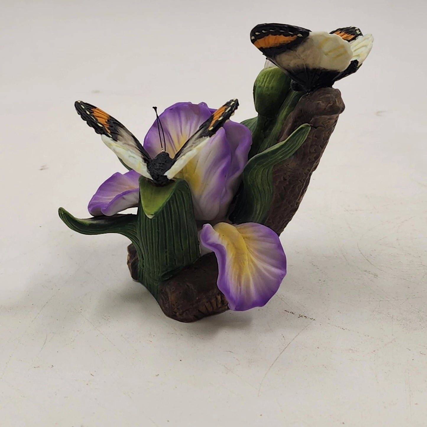 Vemar Collection Porcelain Figurine Purple Iris Red Rose 2 Butterflies Wood Base