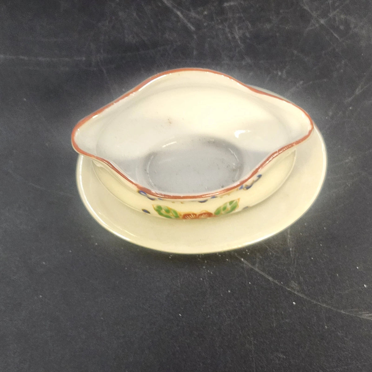 Porcelain Sauce Gravy Bowl with Underplate 3" Hand Painted Floral Rust Rim Japan