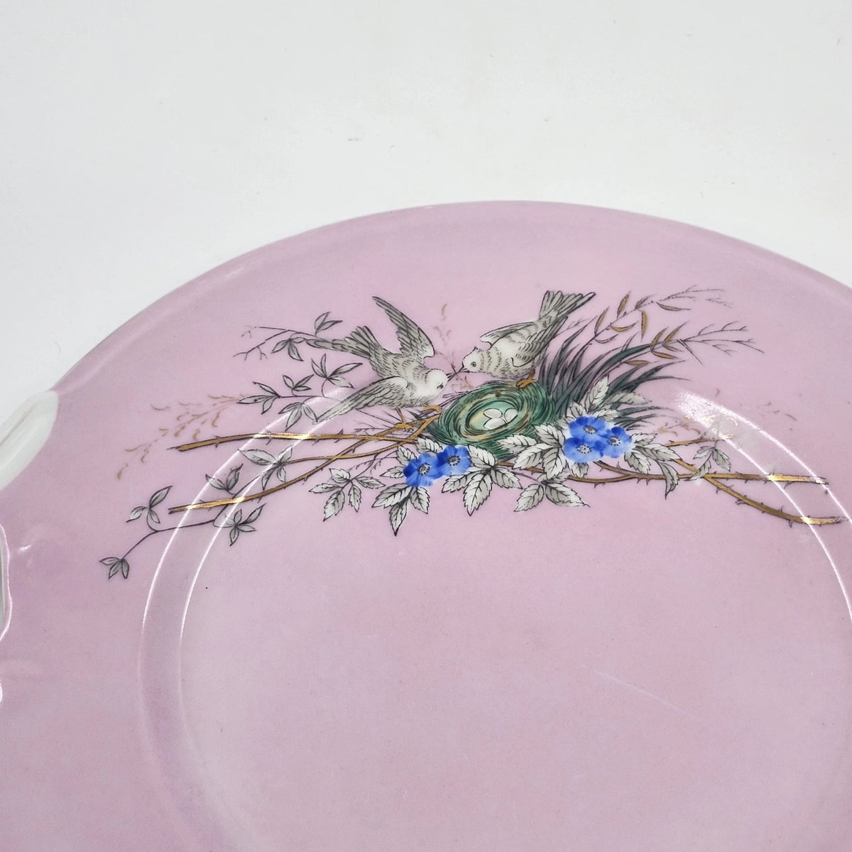 Pink Porcelain Cake Plate Birds Nest Blue Flowers Gold Handles 10.5" Antique