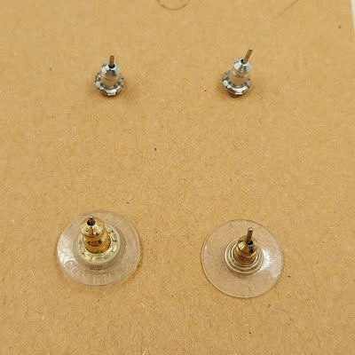 2 Pair Stud Earrings Gold Yellow & Silver Clear Purple Cube Stones