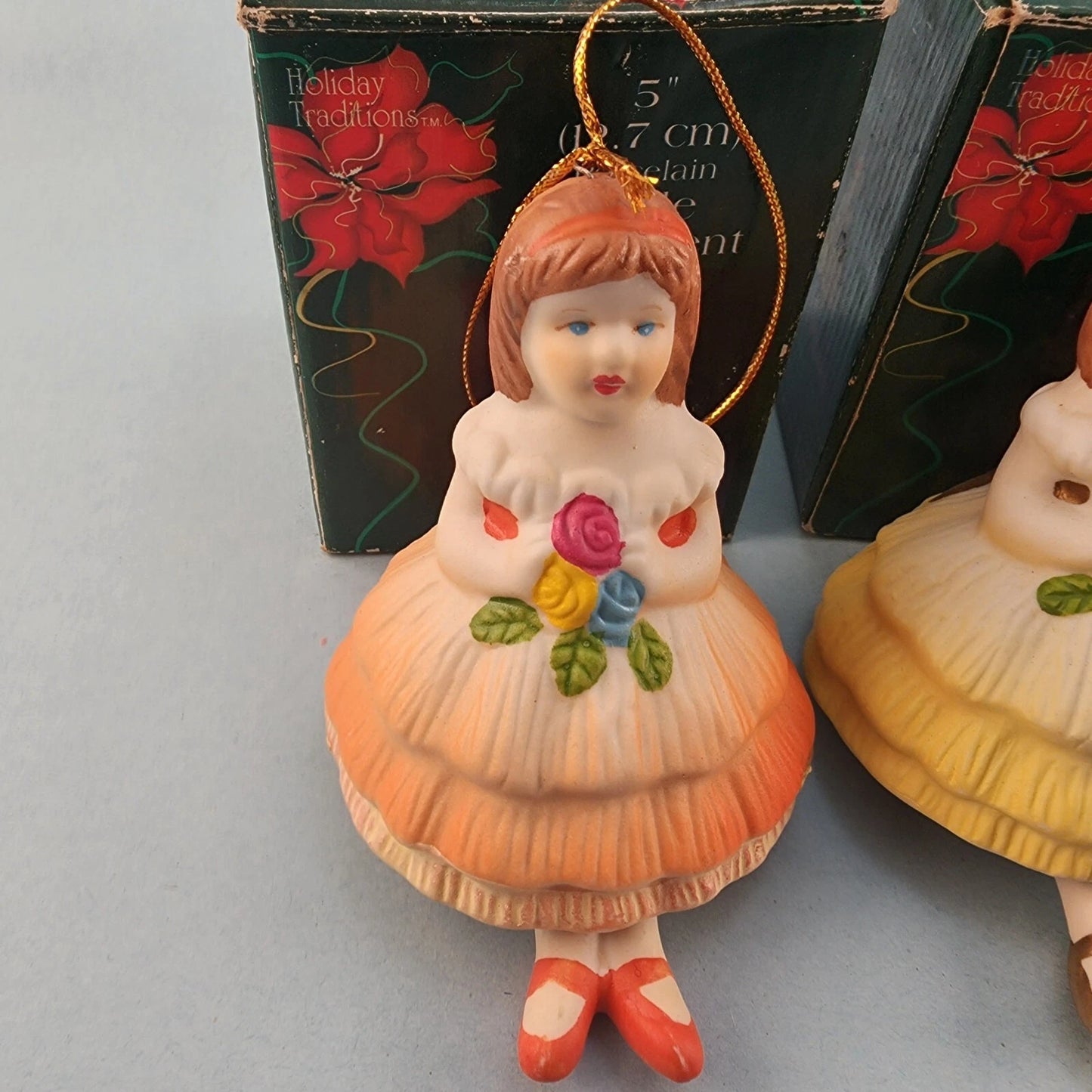 3 Young Girl Christmas Ornaments Porcelain Bell Hanging Leg Chimes w Box Vintage