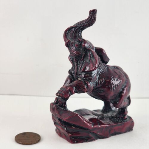 Red Lacquer Resin Elephant Chinese Lucky Figurine Trunk Up for Luck 2.75"x3.75"h