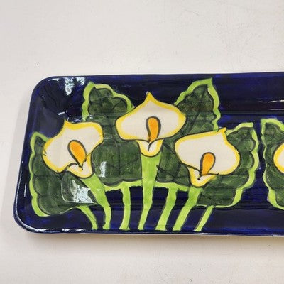 Hand Painted Bread Server Plate 16" Talavera Calla Lilies Mexico Signed Mexico Q