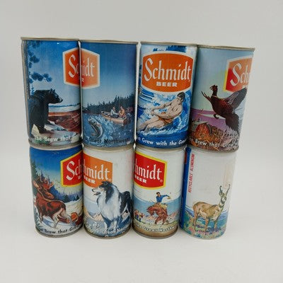 8 Schmidt Beer Cans Pull Tab Empty Northwest American Wildlife Vintage Decor