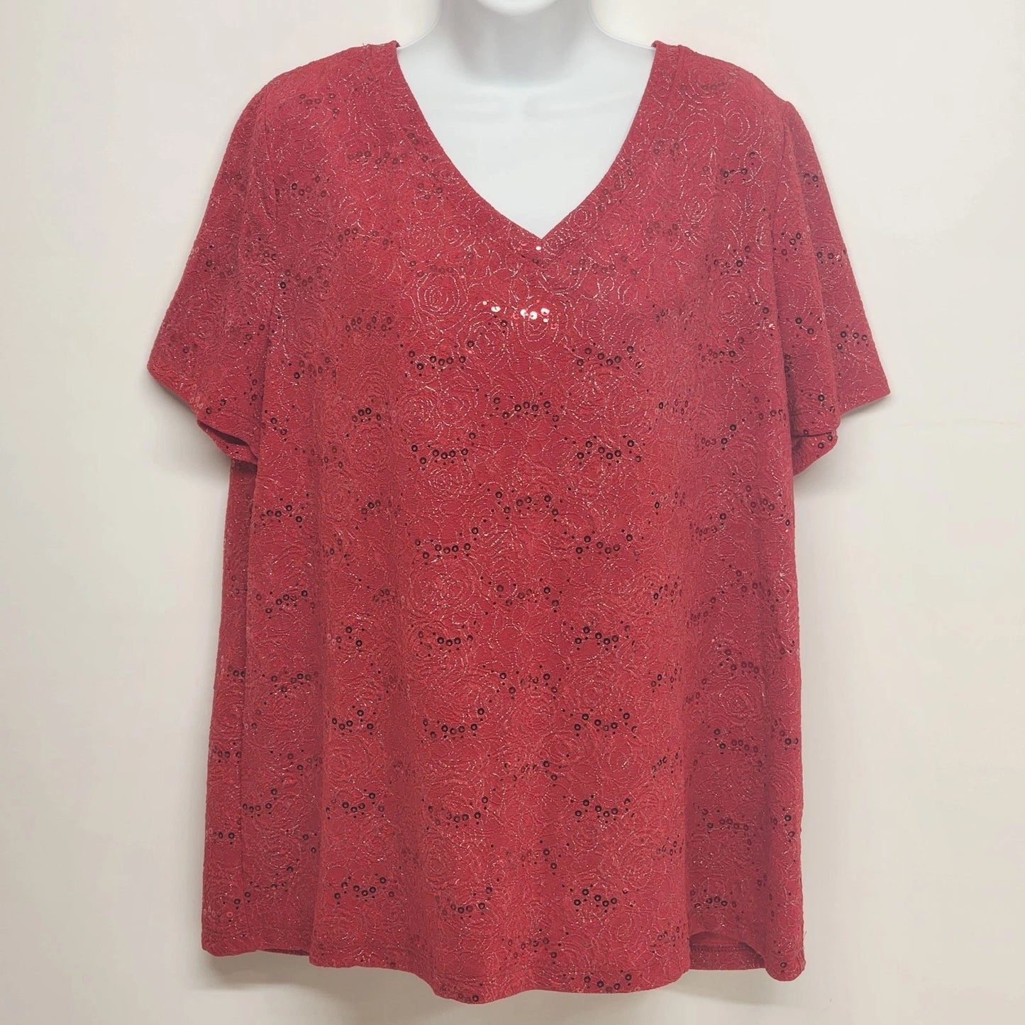 White Stag Red Sequin Blouse Women 1X V Neck Metallic Top