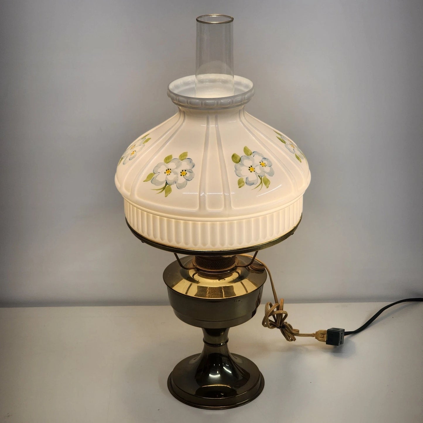 Aladdin Kerosene-Electric Mantle Lamp Solid Brass Crystal Dogwood Glass Shade
