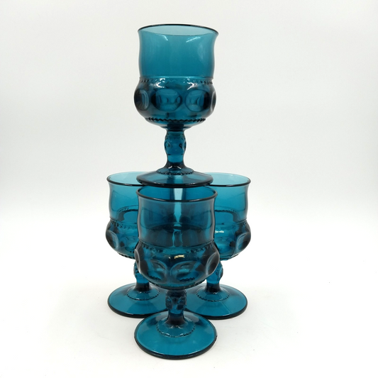 Set 4 Indiana Glass Teal Blue King's Crown Thumbprint Stemmed Water Goblets 5.5"