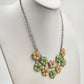 RMN Silver Tone Chain Green Yellow Flowers & Rhinestone Pendant Necklace 10"