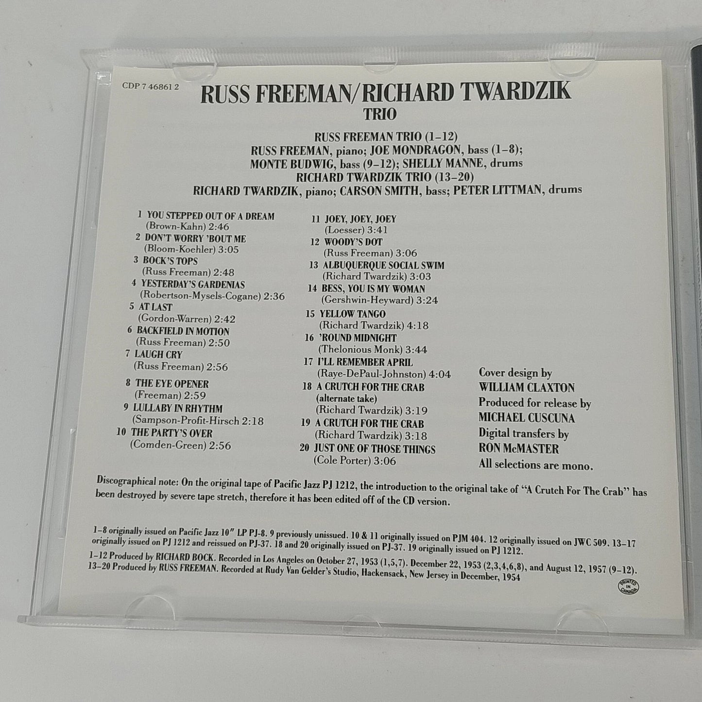 Russ Freeman Richard Twardzik Trio CD Pacific Jazz Records Capitol Jazz 1989
