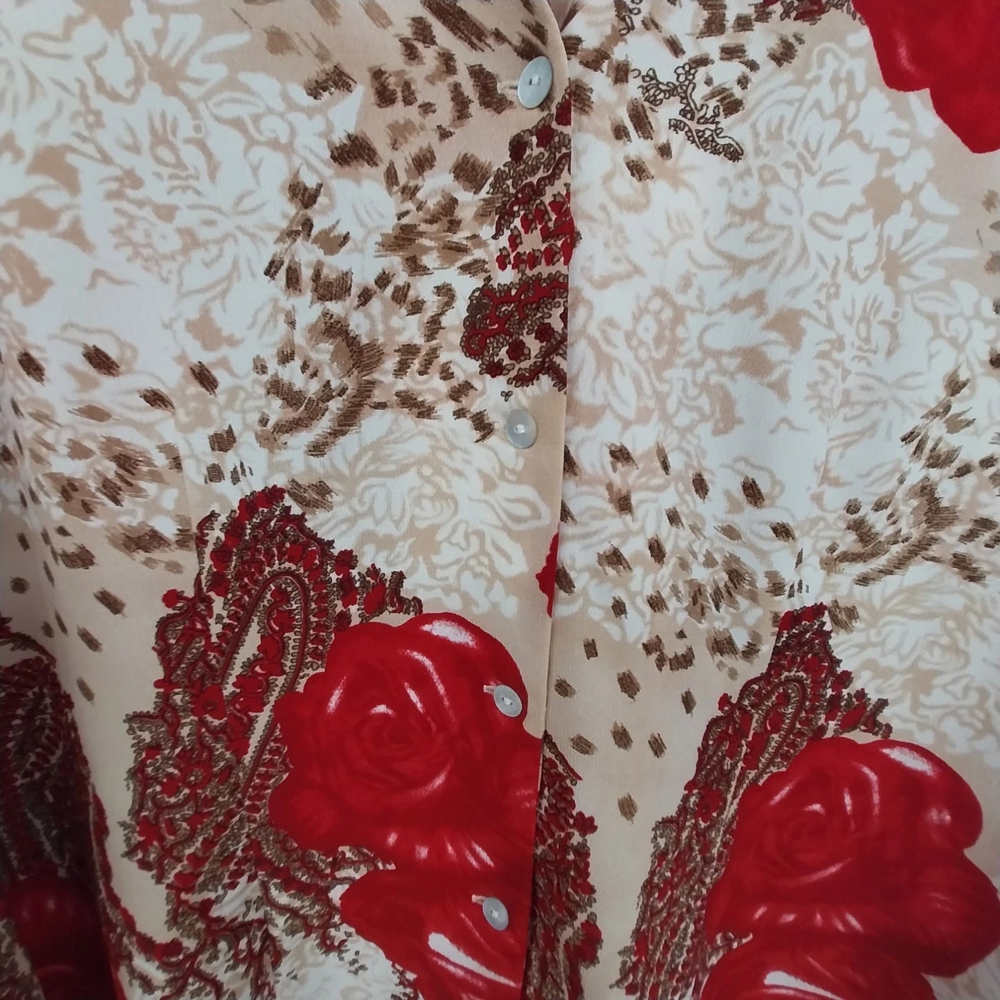 Jaipur Floral Blouse Women Medium Red Beige 3/4 Sleeve Button Front Top