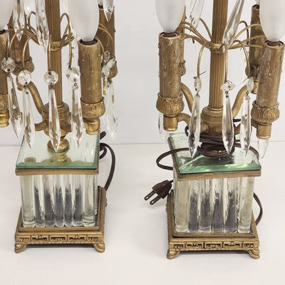 2 Gilt Brass Candelabra Table Lamps Antique Drop Crystal Prisms 4 Candle Lights