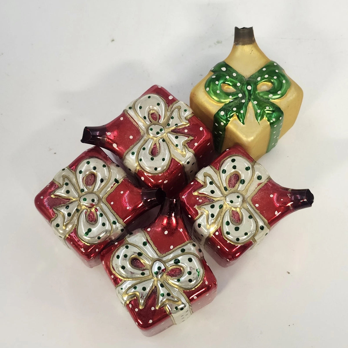 Czech Glass Christmas Present Ornaments Lot 5 Hand Painted Gift Box 1.5" Vintage