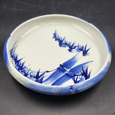 Japanese Porcelain Bowl Blue White Bamboo Dragonfly Design Curled Lip 9.5