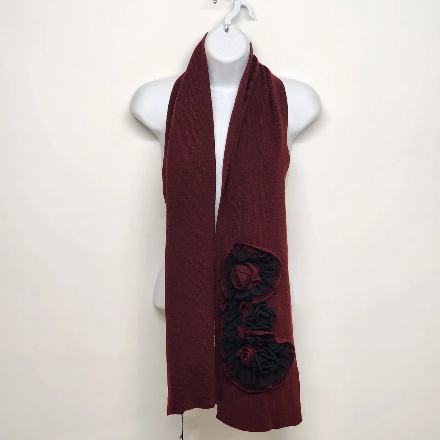 Simply Vera Knit Neck Scarf Maroon Red Vera Wang Black Flower Accent 64" NWT
