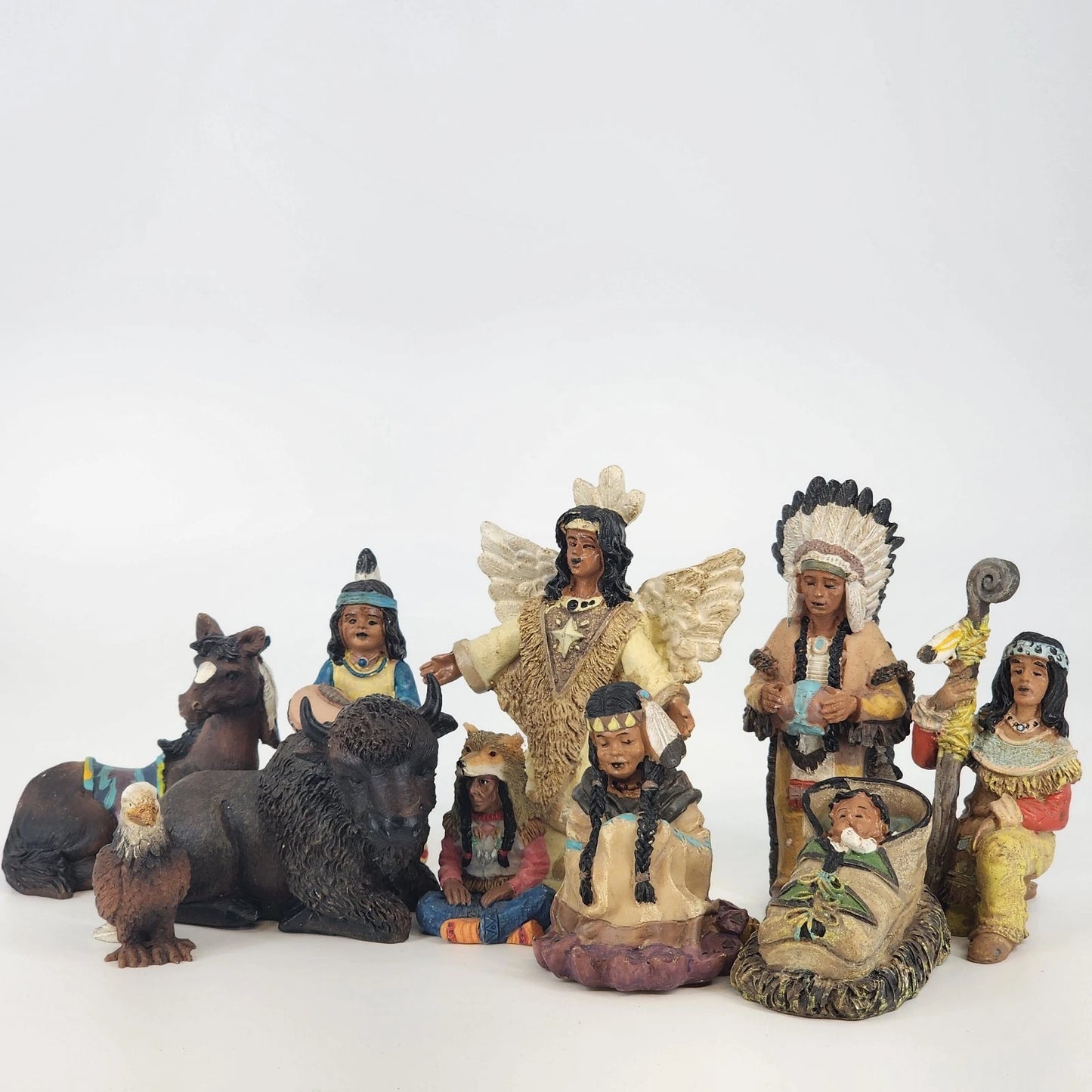 10 pc Native American Set Resin Collectible Figurines 7 People Eagle Horse Bison