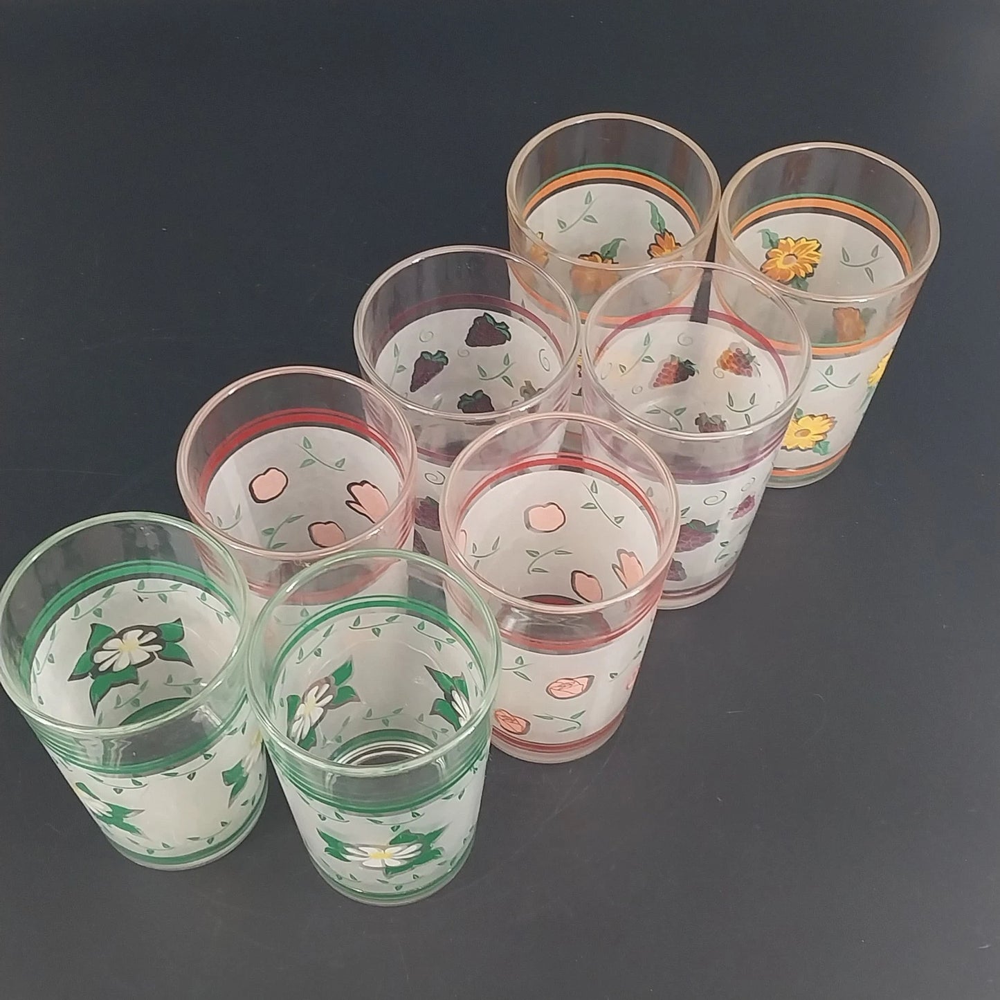 Berney-Bond Floral Glass Tumblers Set 8 Sunflower Rose Magnolia Grape 10oz Vtg