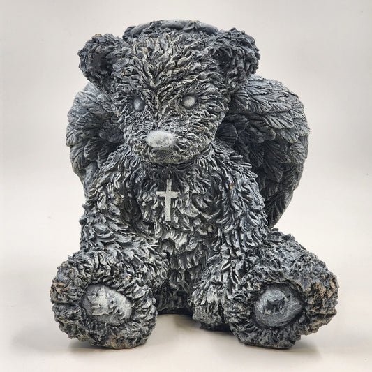 Angel Bear Gray Concrete Stone Statue Seated Halo Wings Cross Garden Decoration