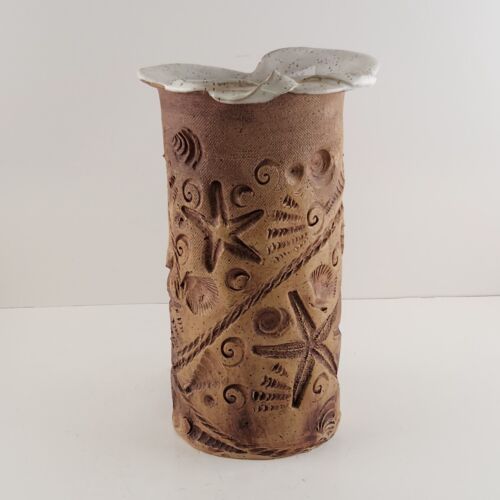 Studio Art Pottery Vase Seascape Nautical Lazy Starfish Split Rim Sandstone