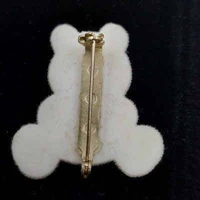 White Teddy Bear Flock Fabric with Red Bow Ribbon Brooch Lapel Pin Silver Tone