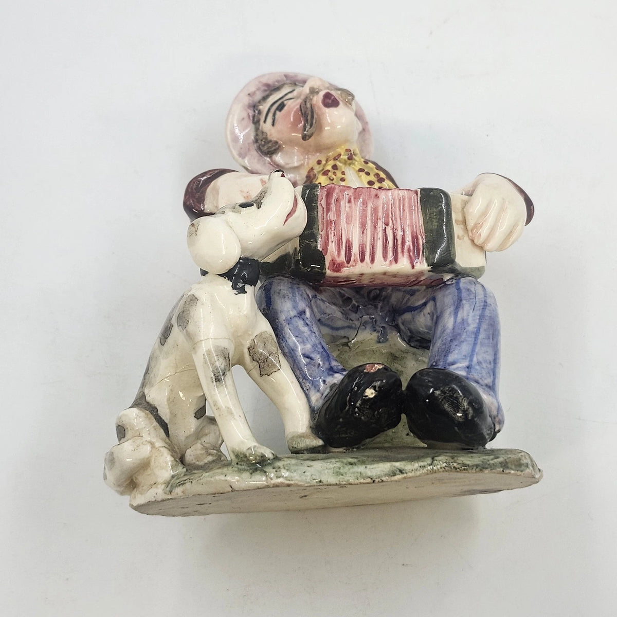 Italian Ceramic Man Accordion Dog Figurine 5" Green Base Hand Painted Vtg