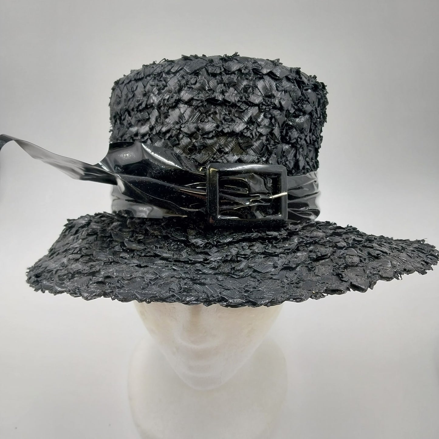 Mr. Lewis Black Raffia Woven Straw Hat Tall Crown Wide Brim Ribbon Bow w/ Buckle
