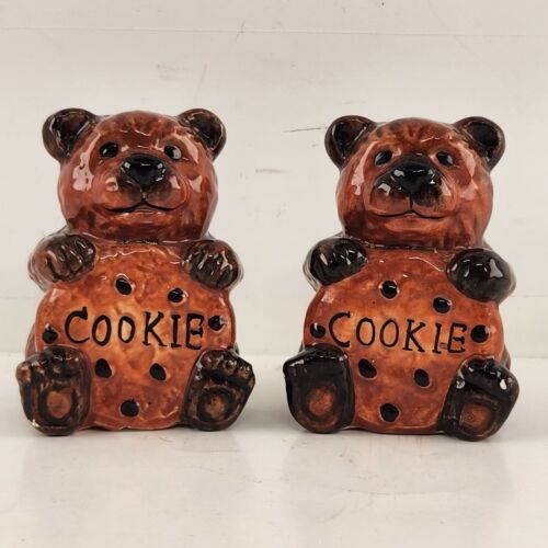 Brown Bear with Cookie Salt and Pepper Shakers Ceramic Vintage 3.25" Tall