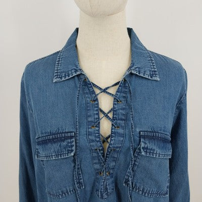 Earl Jean Chambray Tunic Blouse L Blue Cotton Lace-Up Grommet Ties Pockets