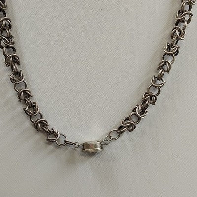 Millefiori Floral Murine Glass Bead Necklace Bronze Tone Byzantine Silver Chain